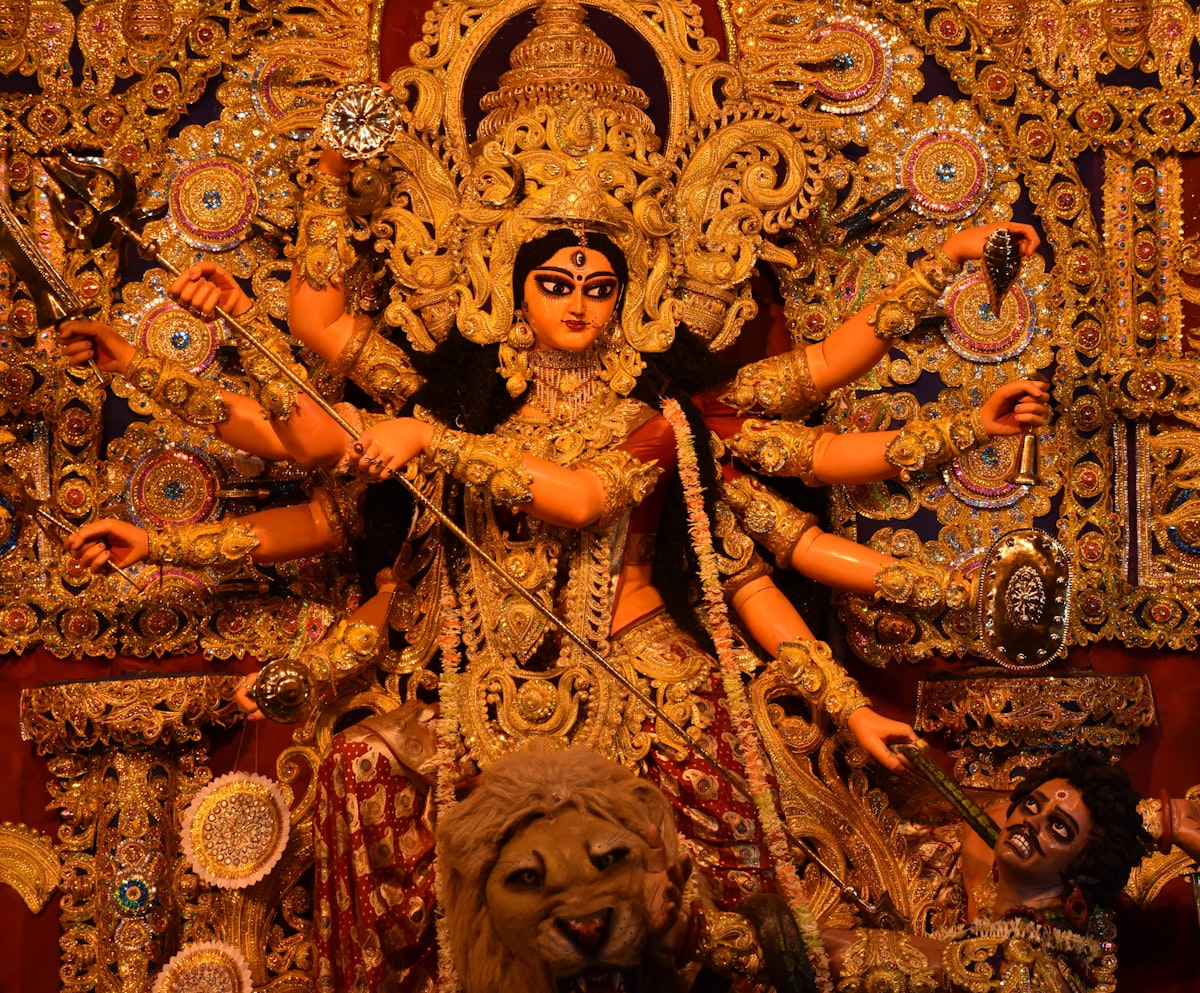 Goddess Durga with gold crown and ceremonial dress — Dussehra Vijayadashami 2026