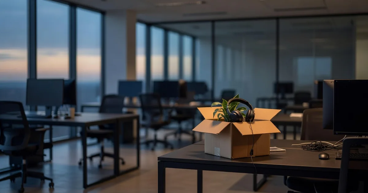 May 2026 tech layoffs in the USA and Canada — empty office desks with a packed box