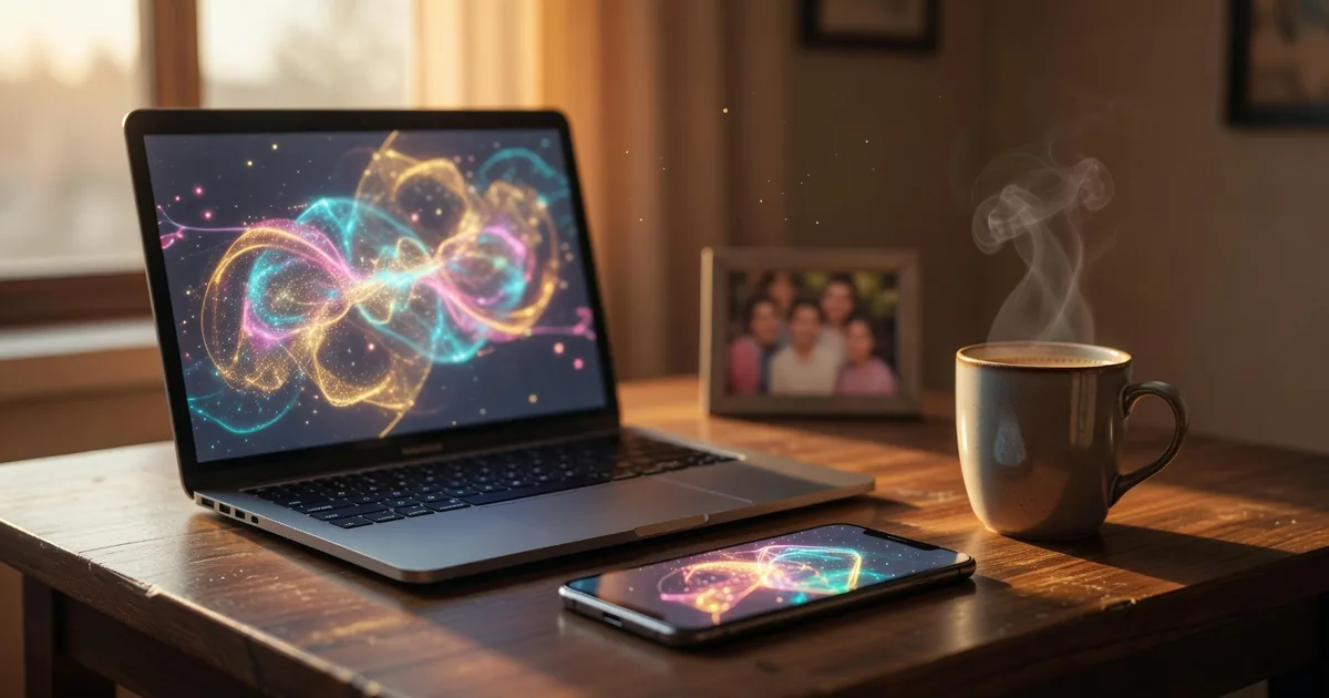 An NRI using AI tools on a laptop and phone at a cozy home workspace